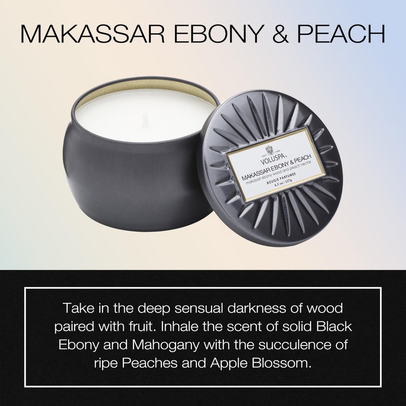 Voluspa Makassar Ebony & Peach, Mini Tin Candle, 4 oz, 25 Hour Burn Time, Coconut Wax for Clean Burning, Handcrafted in The USA - Image 2